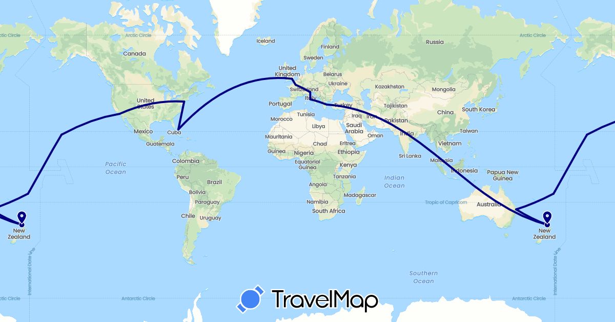 TravelMap itinerary: driving in Australia, Bahamas, Fiji, France, United Kingdom, Greece, Italy, New Zealand, United States (Europe, North America, Oceania)